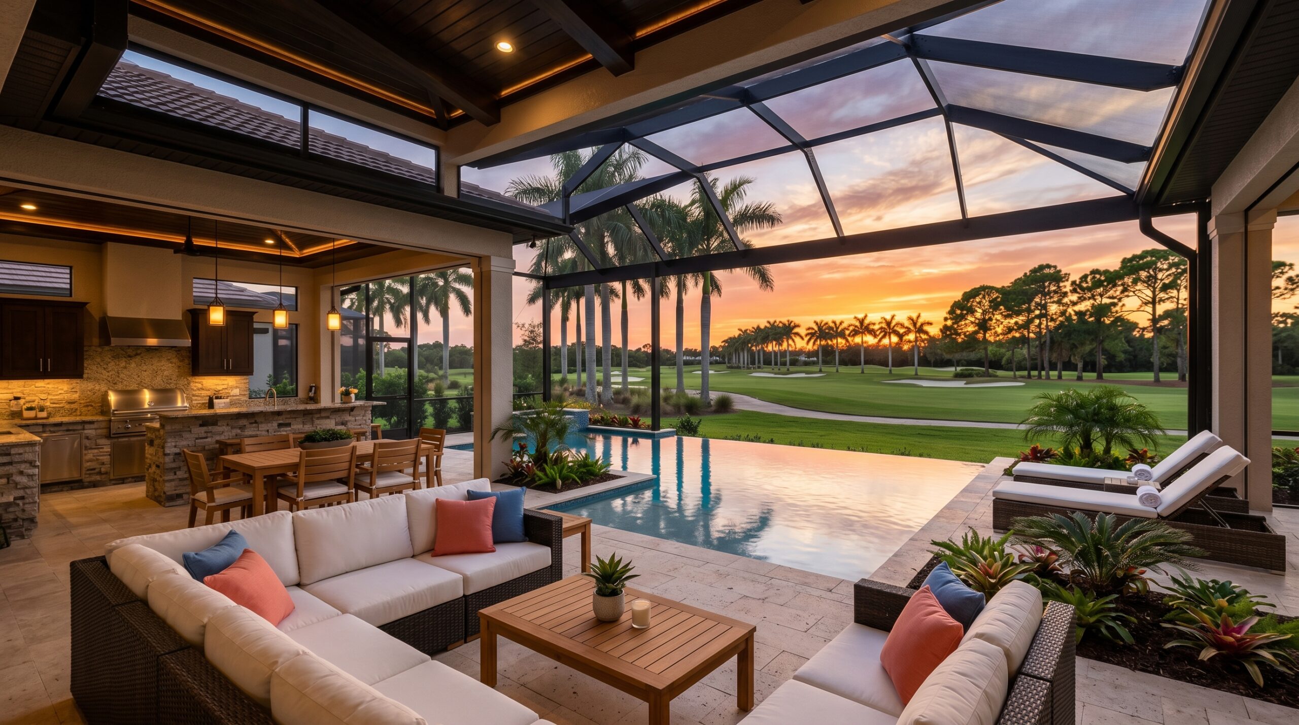 Lanai with pool overlooking a palm-lined Naples fairway at sunset