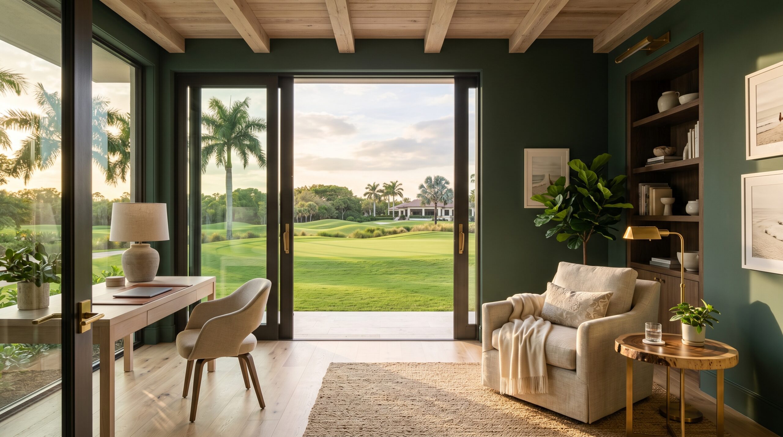 Naples interior with glass pocket doors framing a golf course view