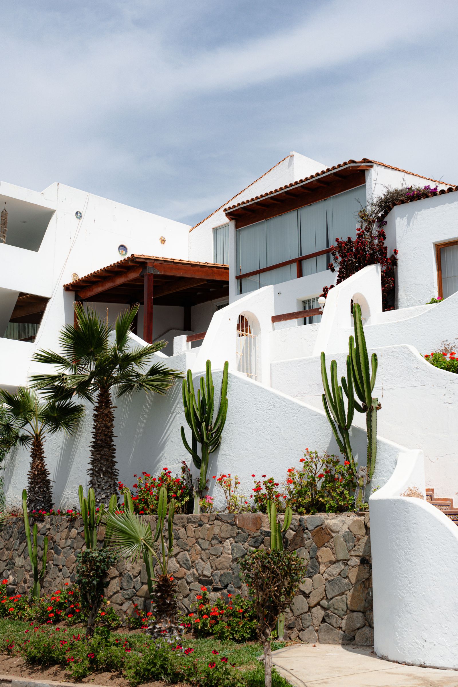 Contemporary white villa exterior with palm trees