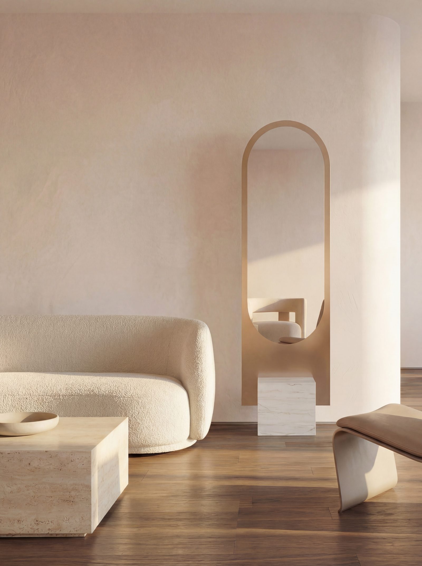 Alice mirror in a sunlit plaster-walled room