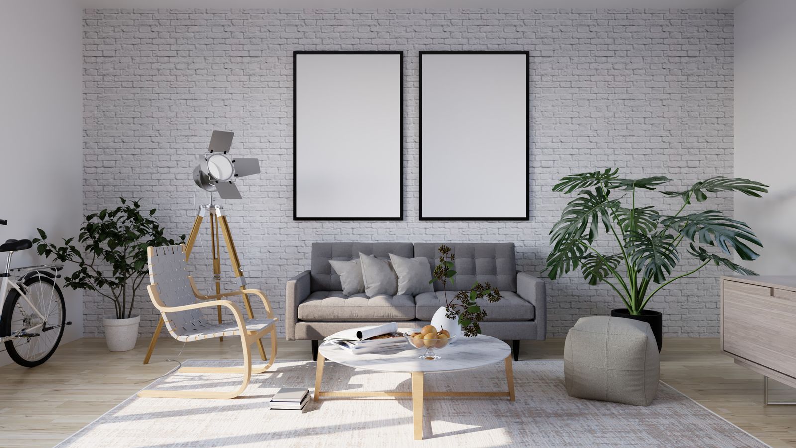 Styled living room with a sofa, coffee table and layered textiles