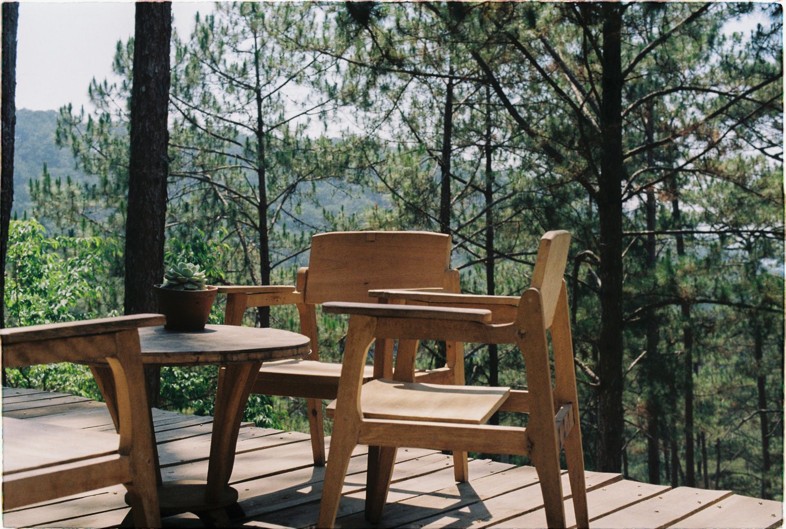 Wooden deck with a table and chairs looking out over greenery